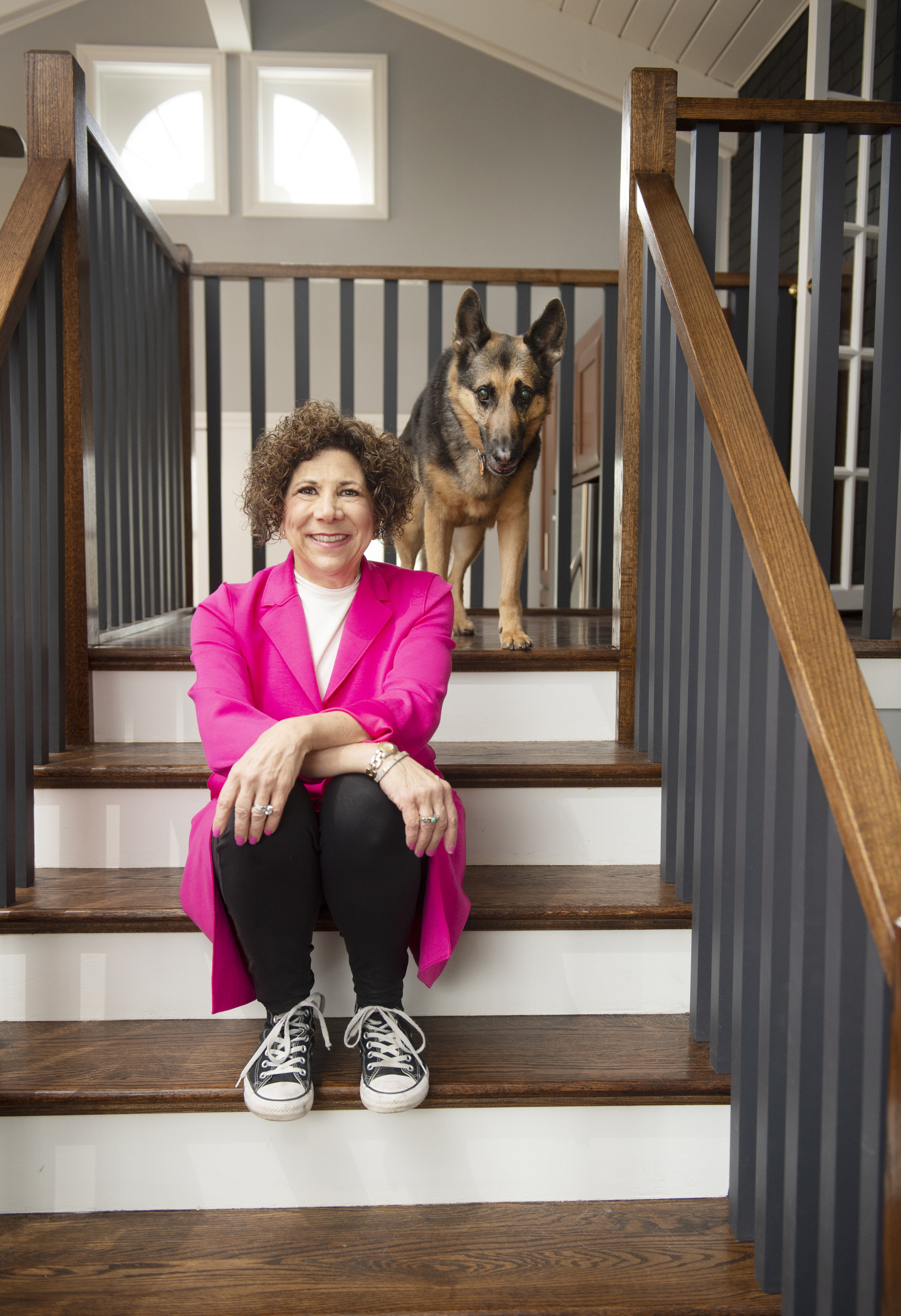 Barb on stairs with Chari Barb and dog on stairs, Why is change so darn hard?