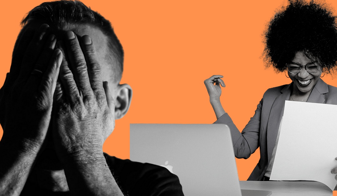 Person holding their face in hands feeling failure from perfectionism, person celebrating at a computer in the background
